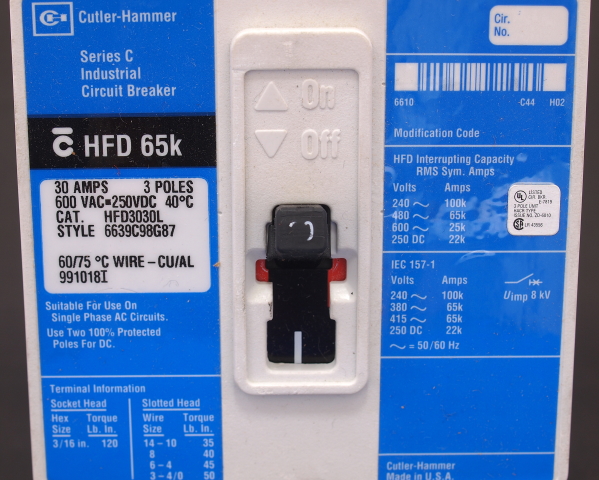 (商品画像) AC600V 3相 30A Cutler-Hammer サーキットブレーカー HFD65k